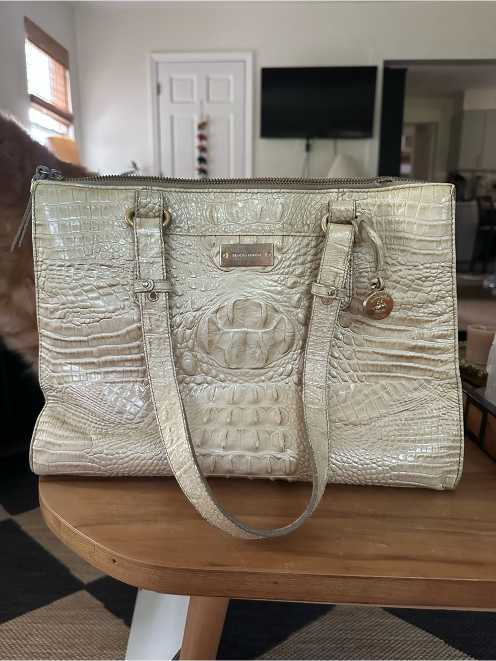 Brahmin Metallic Cream Croc-Embossed Leather Tote